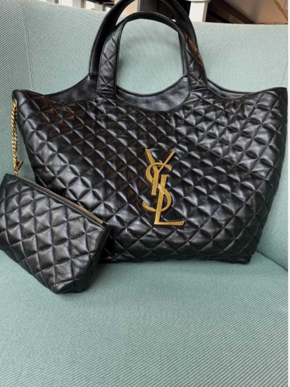 Yves Saint Laurent Black Quilted Leather Tote with Gold YSL Logo